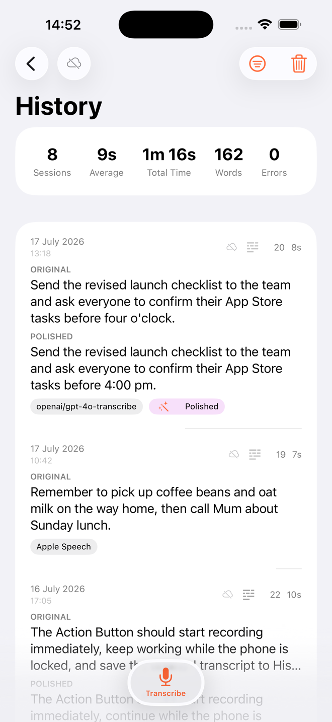 Just Speak to It iPhone history showing real transcription sessions