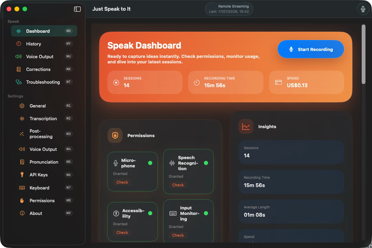 Just Speak to It Mac dashboard showing real recording usage and permissions